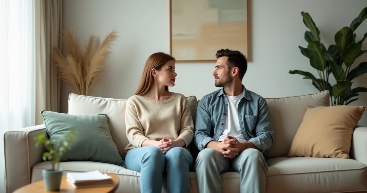 Casal sentado em sofá com distância emocional visível entre eles 
