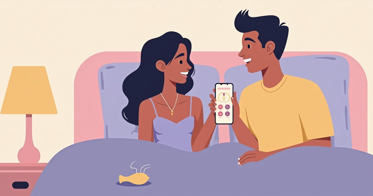 Casal usando vibrador controlado por app na cama, com smartphone em mãos