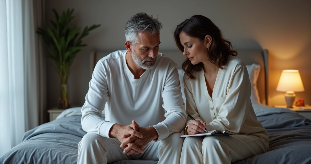 Casal em quarto moderno sentado na beira da cama demonstrando apoio e conversa séria 