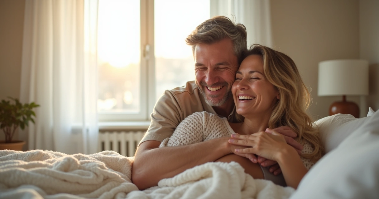 Casal abraçado sorrindo após implante de prótese peniana