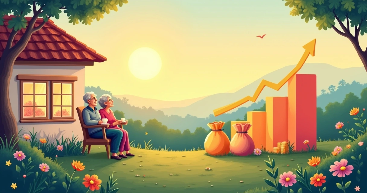 Casal idoso relaxando em um deck com símbolos de investimento, representando segurança na aposentadoria.