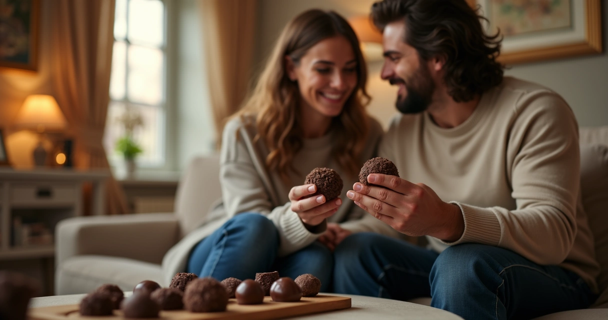 Casal sorrindo saboreando chocolate juntos 