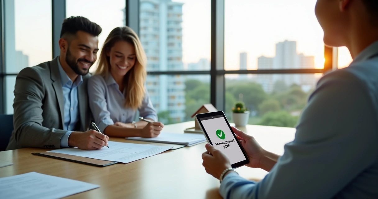Casal jovem assinando aprovação de crédito imobiliário em agência bancária moderna 