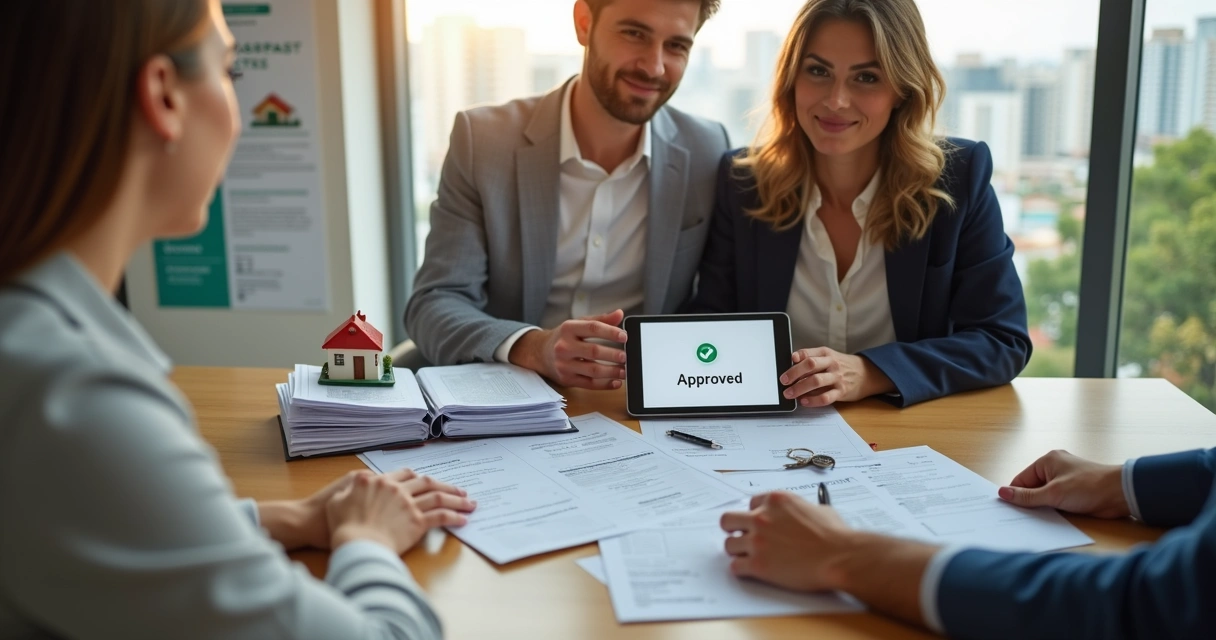 Casal em reunião com gerente de banco segurando formulário de aprovação de financiamento imobiliário 