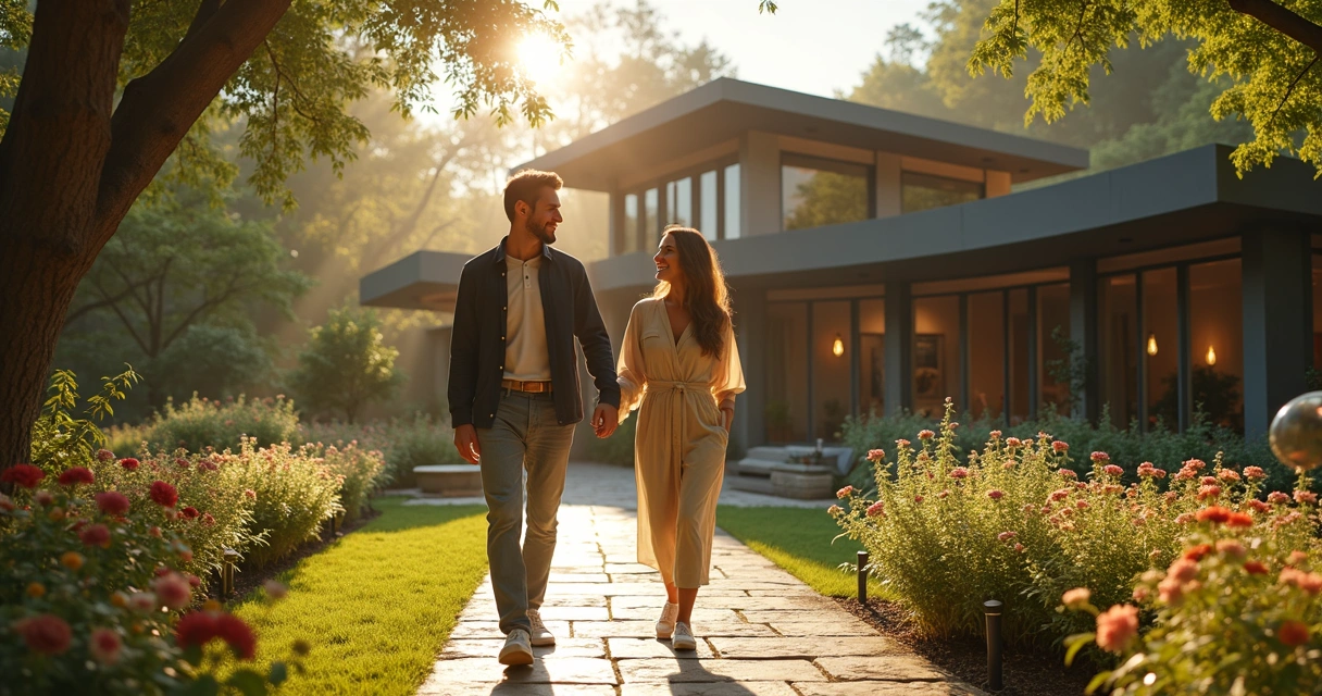 Casal caminhando por jardim de arquitetura moderna e natureza exuberante 