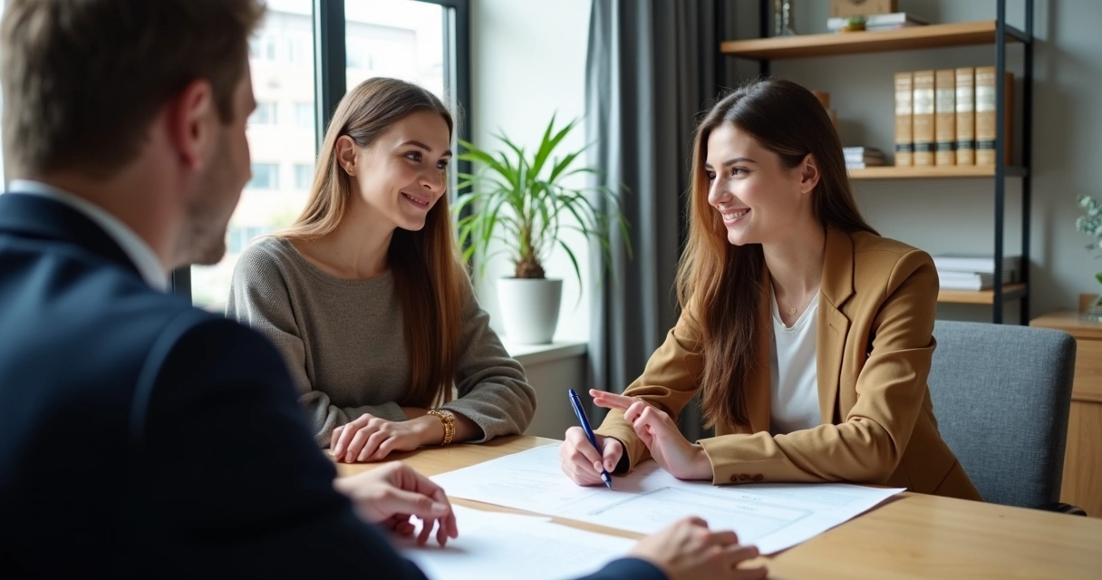 Casal assinando contrato em escritório de advocacia