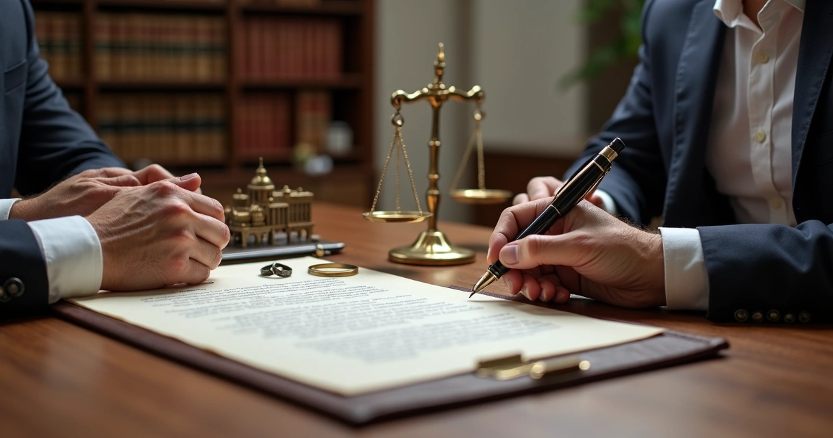 Casal assinando pacto antenupcial em mesa de madeira com símbolos de patrimônio ao redor 