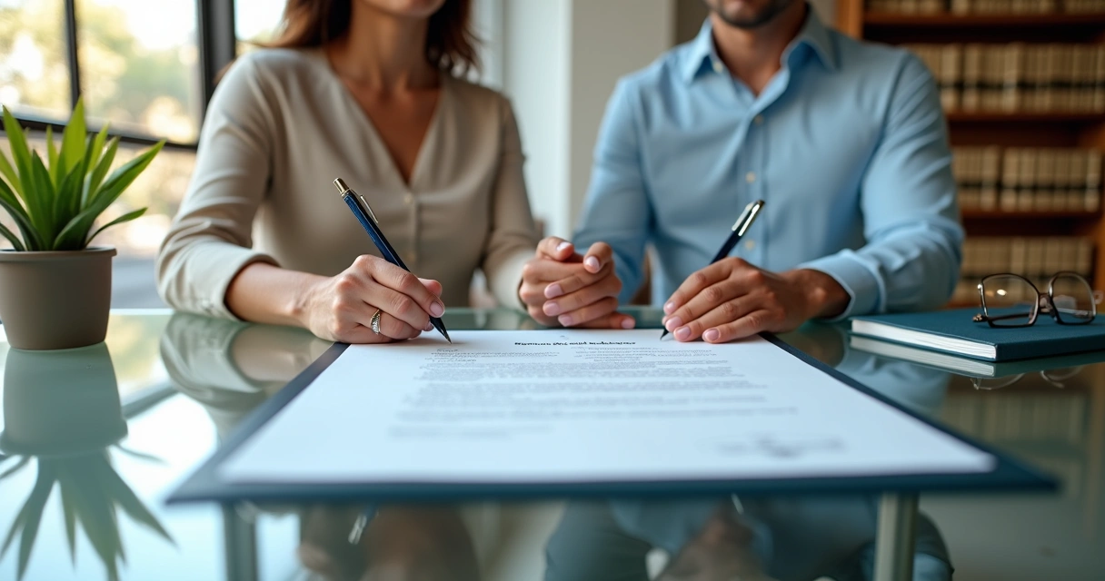 Casal sentado lado a lado assinando documentos de união estável em ambiente jurídico moderno 