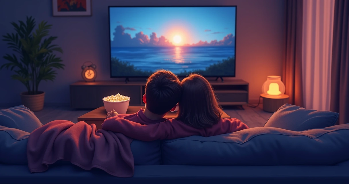 Casal assistindo filme juntos no sofá em casa