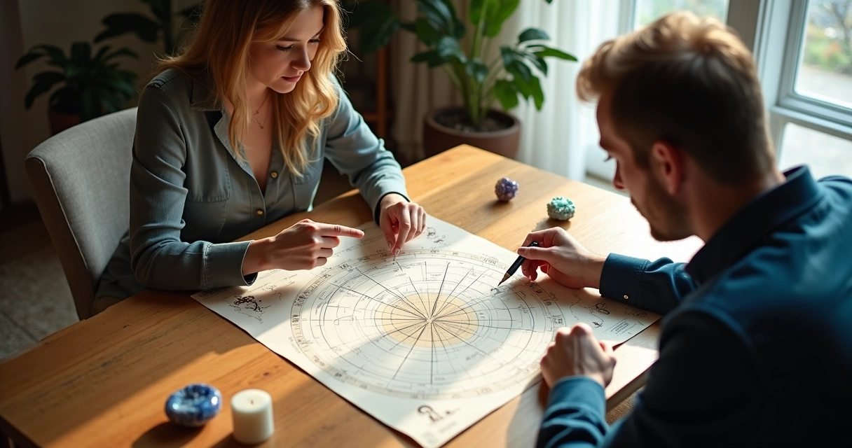 Mulher e homem analisando mapa astral juntos 