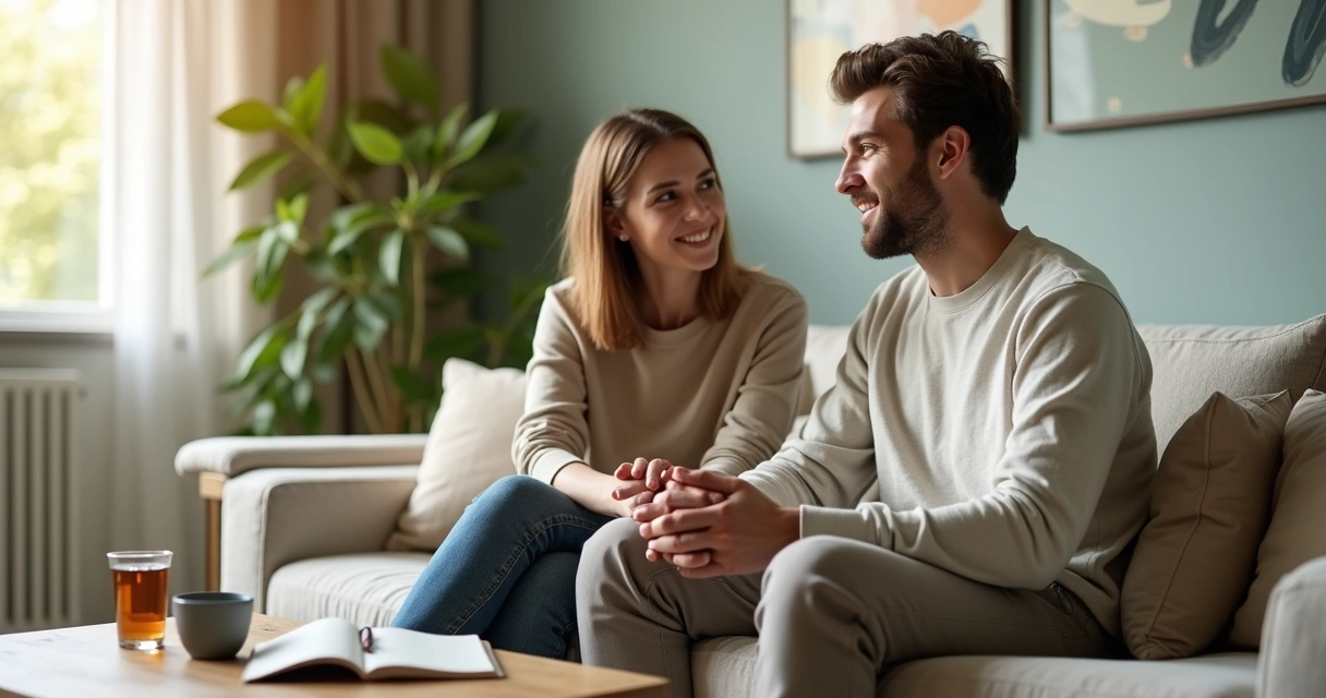 Casal sentado no sofá conversando de forma calma e conectada 