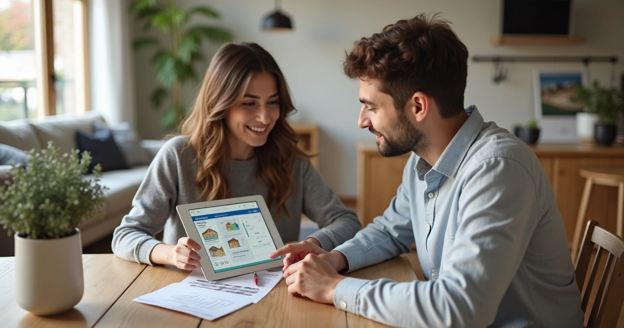 Casal usando tablet para simular financiamento em casa 