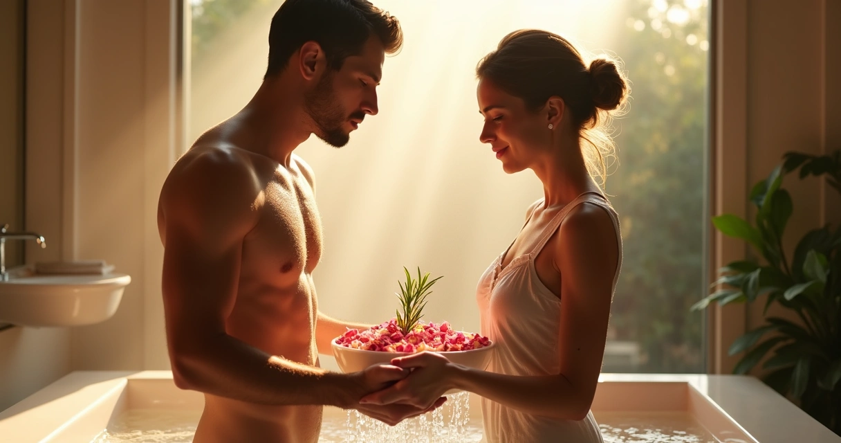 Casal jogando banho de rosas brancas e alecrim em ritual energético 