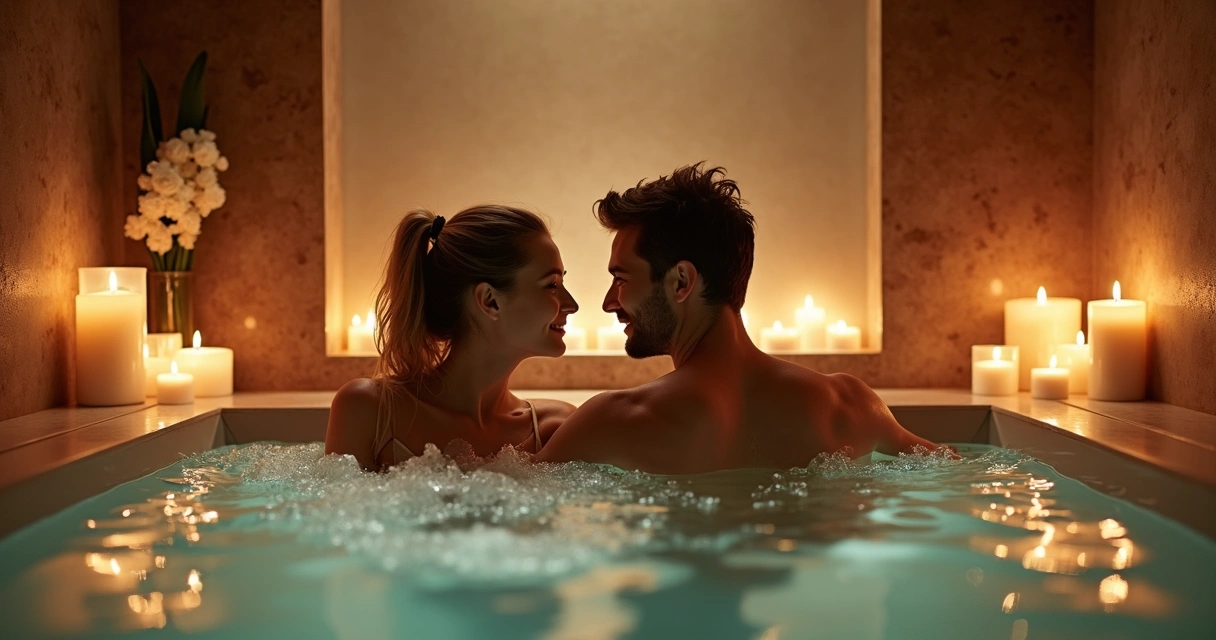 Casal em banheira privada com decoração sofisticada e luz suave