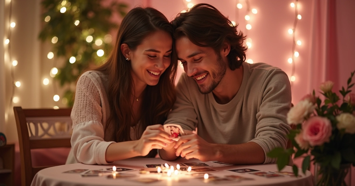Casal sorrindo olhando cartas do baralho cigano juntos, ambiente romântico