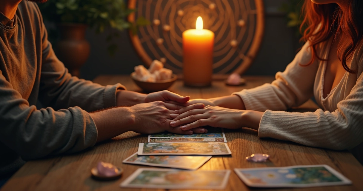 Casal de mãos dadas com cartas de tarot e vela na mesa 