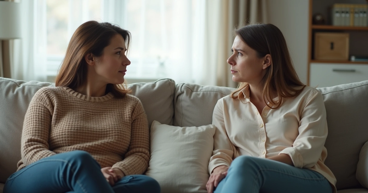 Casal sentado no sofá separado por uma almofada, olhando para lados opostos