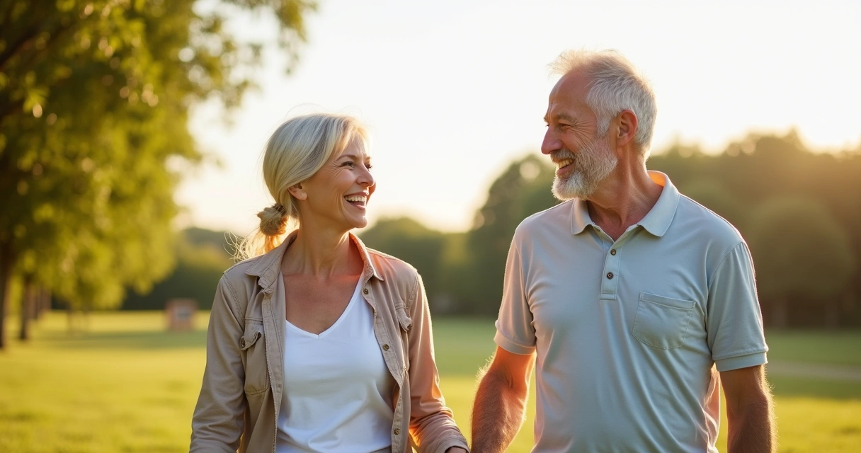 Casal sorridente caminhando ao ar livre em clima ensolarado 