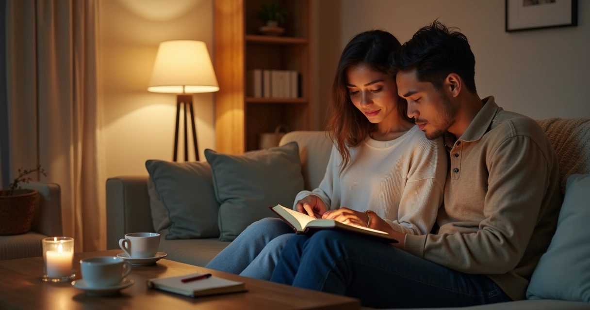 Casal sentado no sofá à noite lendo a Bíblia juntos 