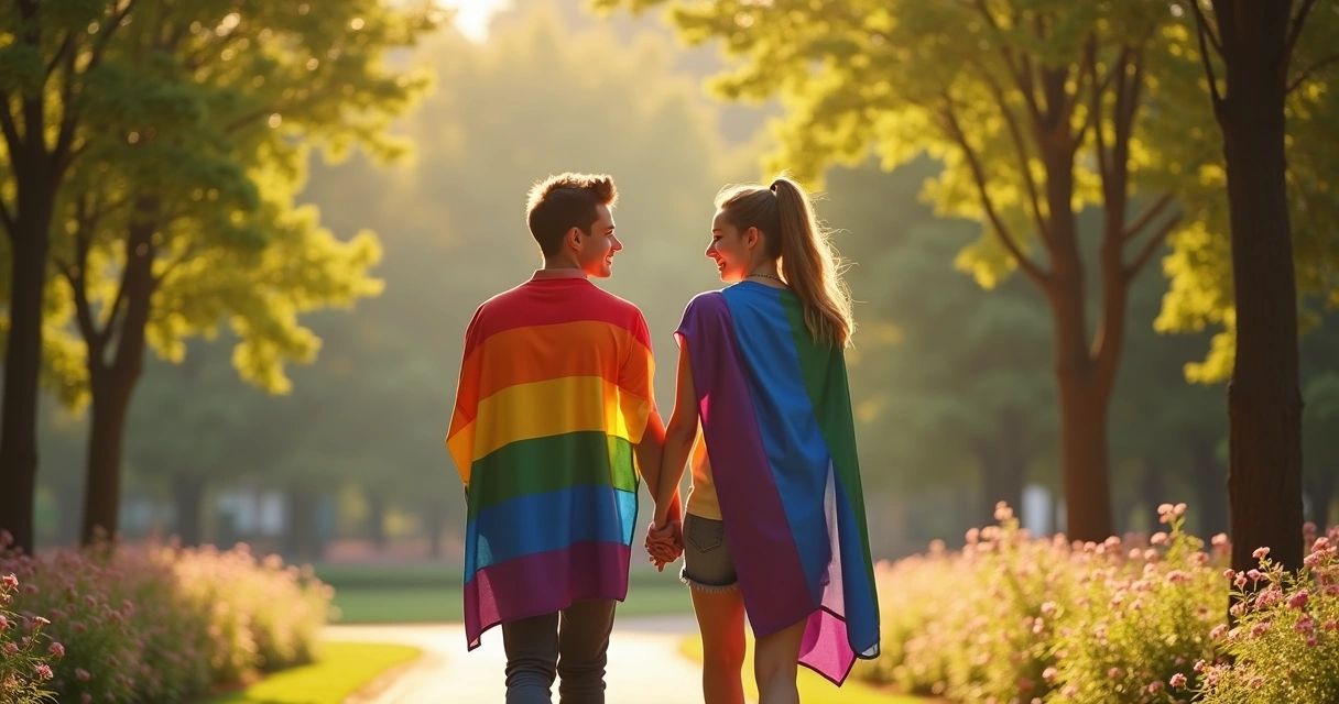 Casal de mãos dadas caminhando em parque colorido 