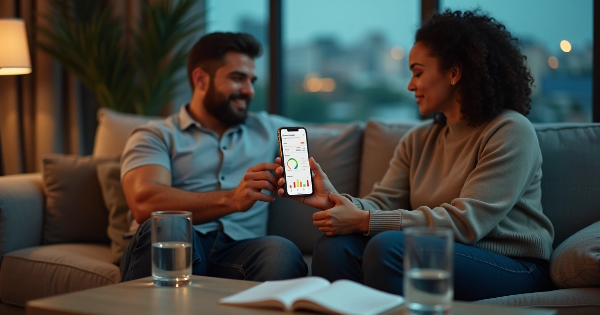 Casal brasileiro analisando app de finanças no sofá com gráficos coloridos na tela do celular 