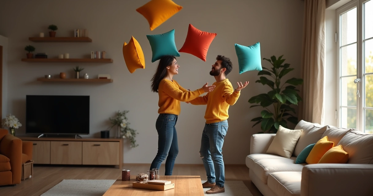 Casal sorrindo jogando almofadas um no outro na sala de estar 