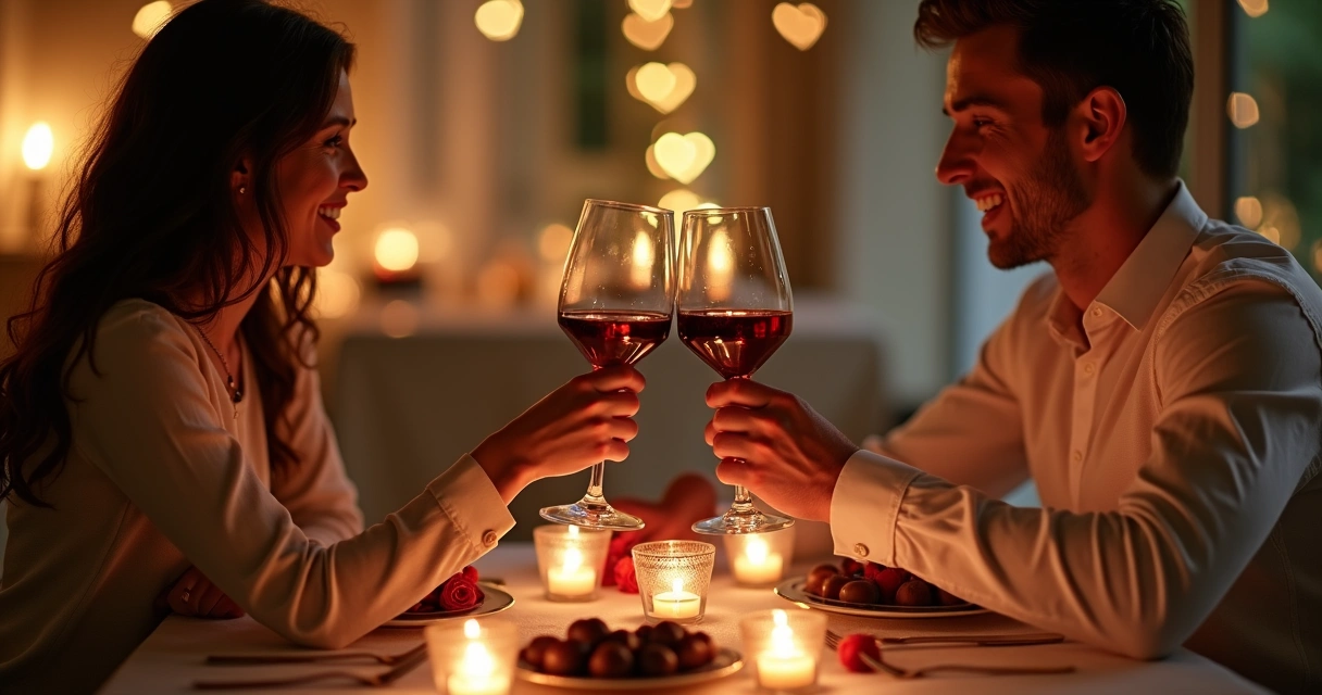 Casal brindando com taças de vinho em mesa decorada com chocolates e velas 