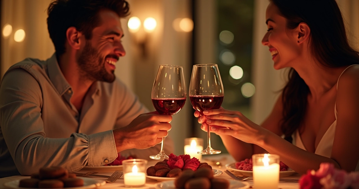 Casal brindando com taças de vinho em jantar romântico 