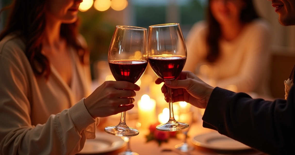 Casal brindando com taças de vinho em um ambiente romântico