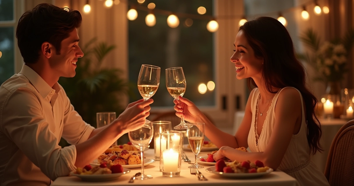 Casal brindando taças de vinho em mesa decorada com velas.