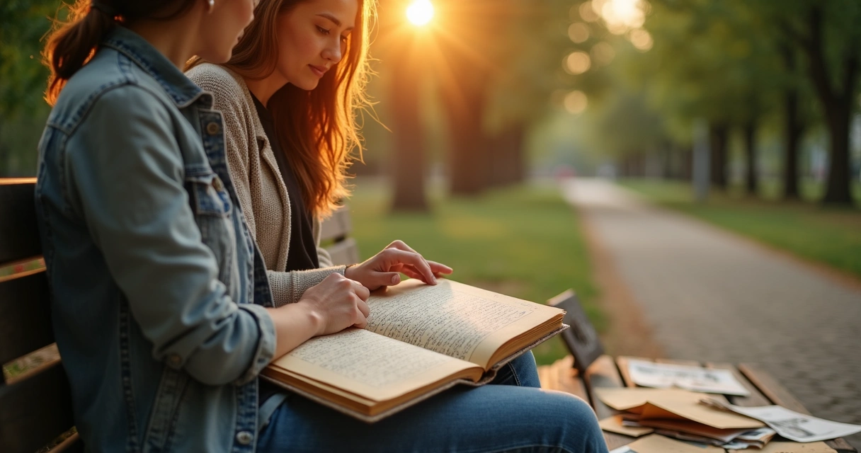 Casal sentado em parque folheando caderno antigo com fotos e cartas espalhadas 