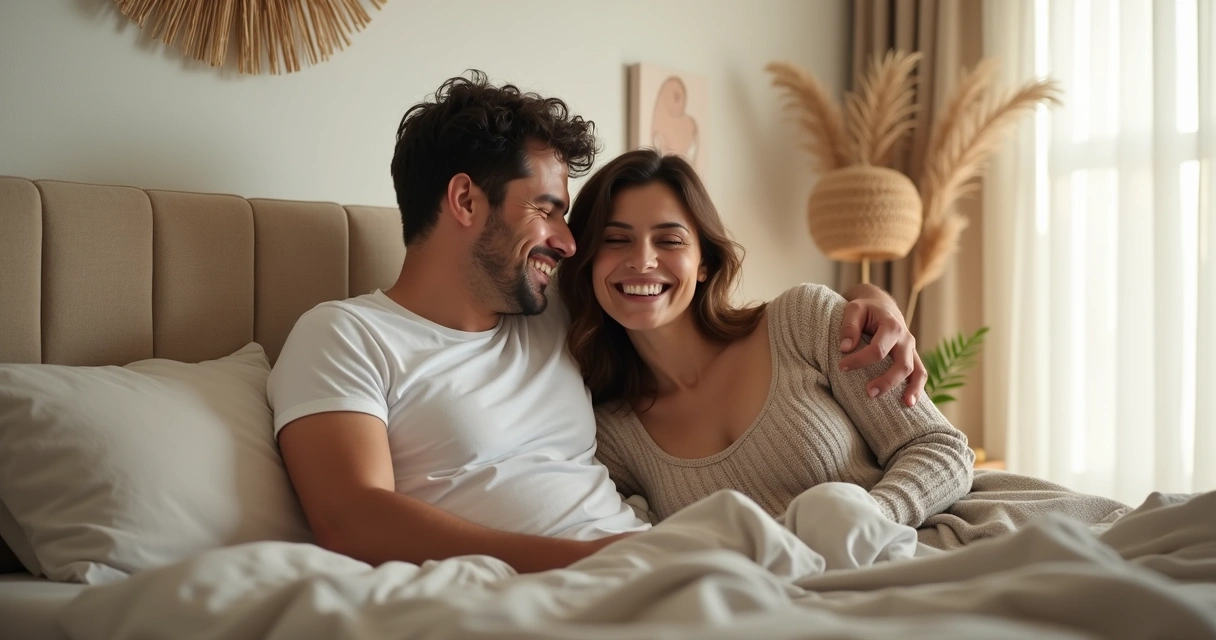 Casal sentados na cama trocando carinho e sorrisos