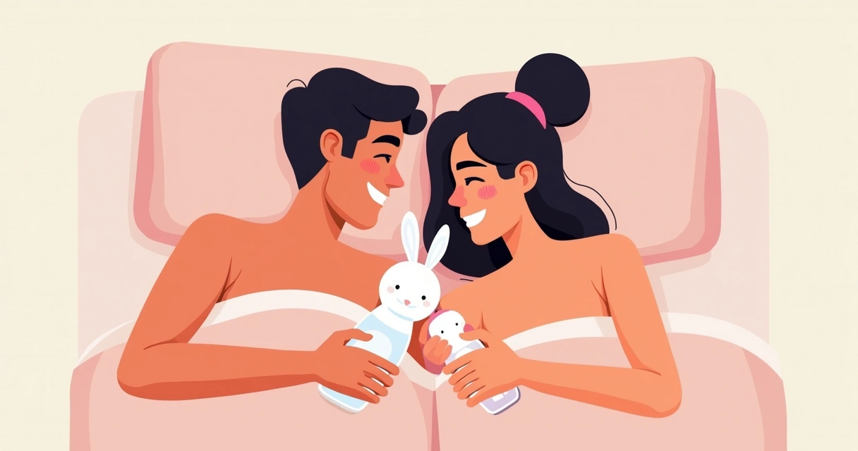 Casal sorrindo na cama usando vibrador rabbit juntos. 