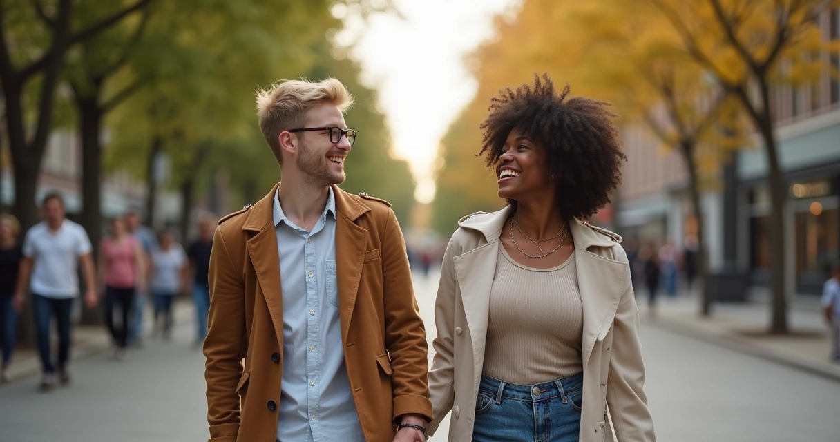 Casal caminhando em rua urbana, sorrindo 