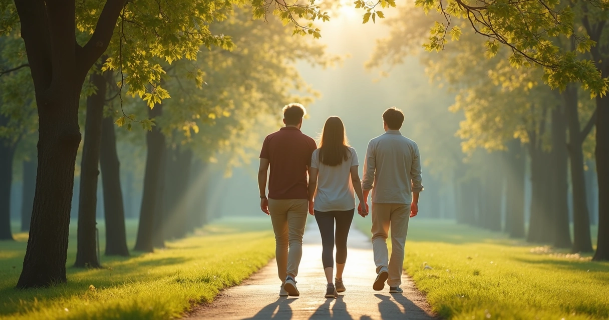 Casal caminhando junto em parque pela manhã 
