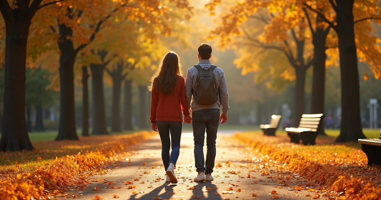 Casal caminhando juntos em um parque de outono
