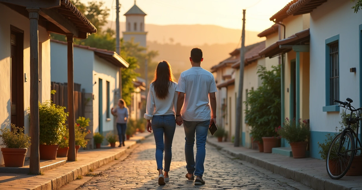 Casal caminhando em rua residencial de cidade pequena ao entardecer 