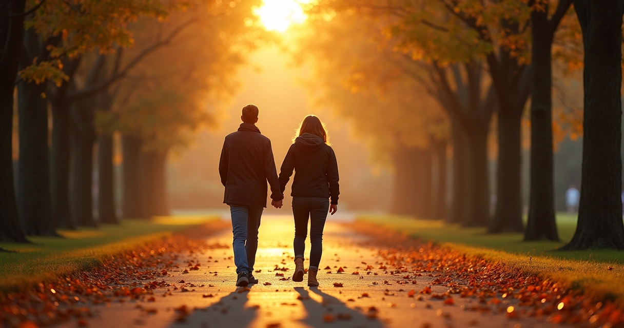 Casal caminhando de mãos dadas em parque ao pôr do sol 