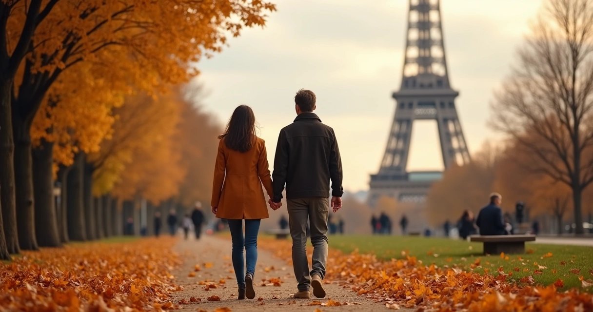 Casal caminhando de mãos dadas em Paris com folhas ao chão e Torre Eiffel ao fundo 