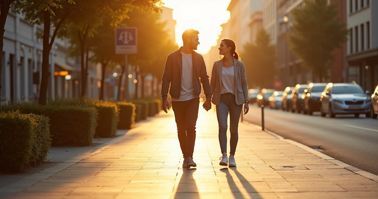Casal caminhando de mãos dadas em calçada urbana ao entardecer 