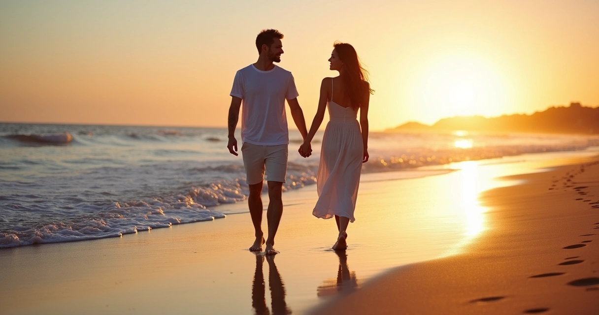 Casal caminhando de mãos dadas na praia ao entardecer