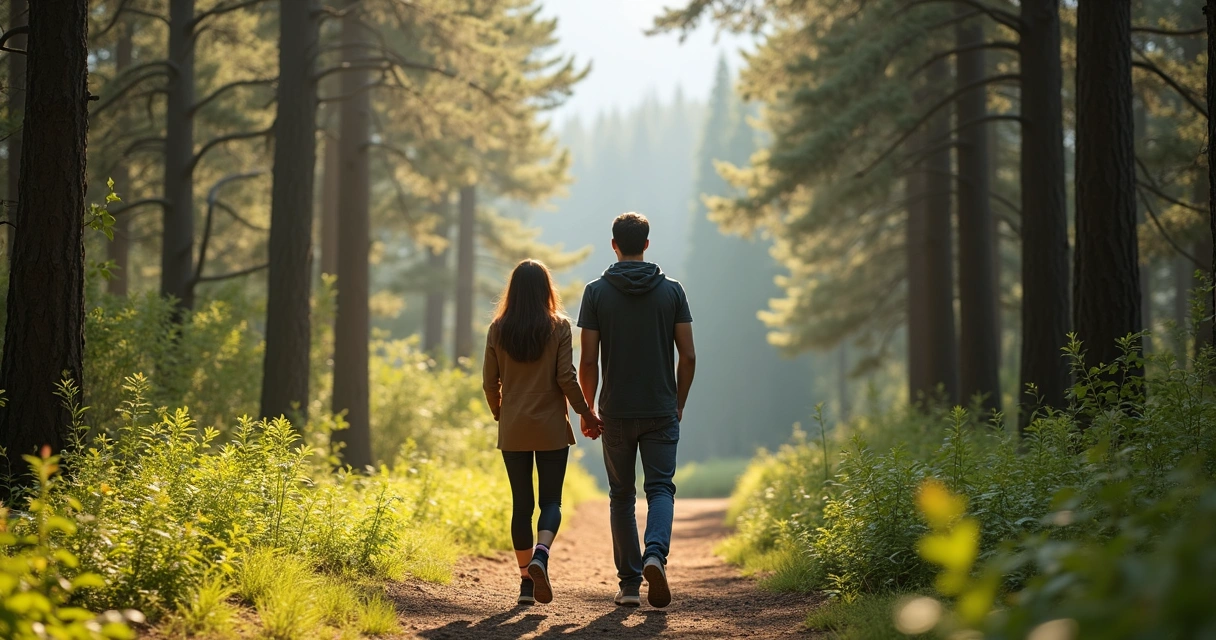 Casal caminhando juntos em meio à natureza