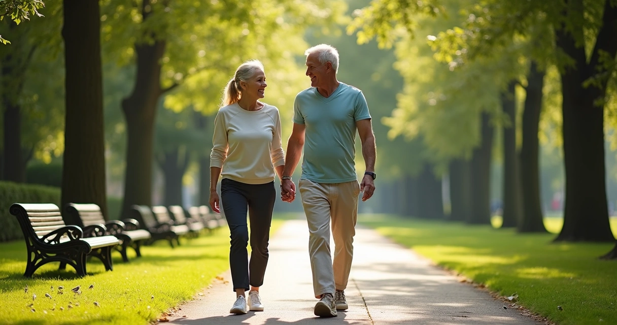 Casal de meia-idade caminhando em parque verde 