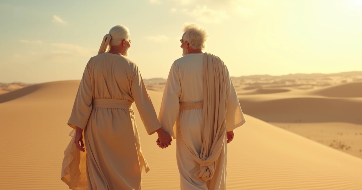 Casal de mãos dadas caminhando em um deserto, roupas claras, clima quente