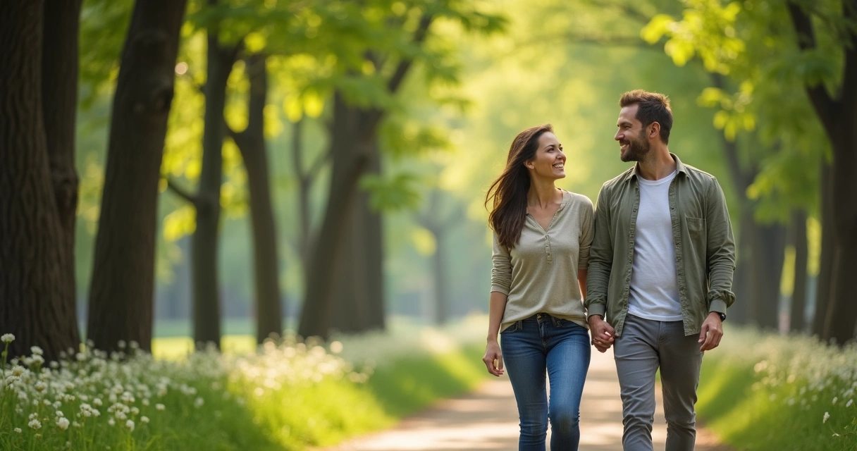 Casal caminhando lado a lado em meio à natureza verde
