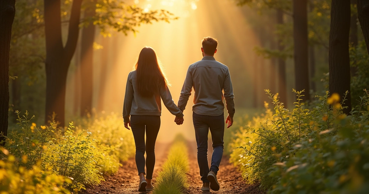 Casal caminhando em trilha rodeada de luz dourada 