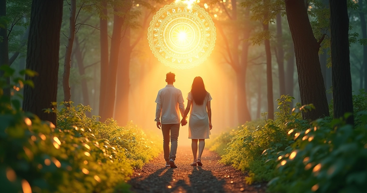 Casal caminhando em direção a mandala espiritual luminosa 