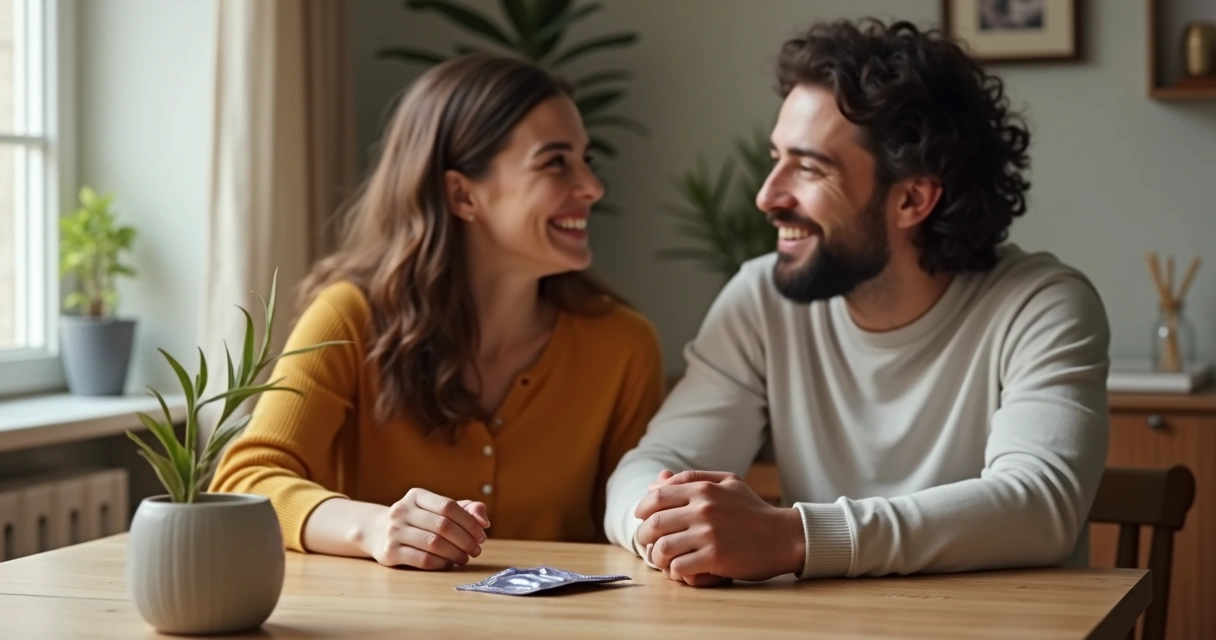 Casal em reunião íntima, camisinha sobre a mesa 