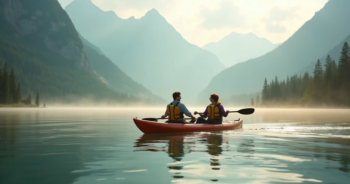 Casal remando em canoa em lago tranquilo rodeado de natureza