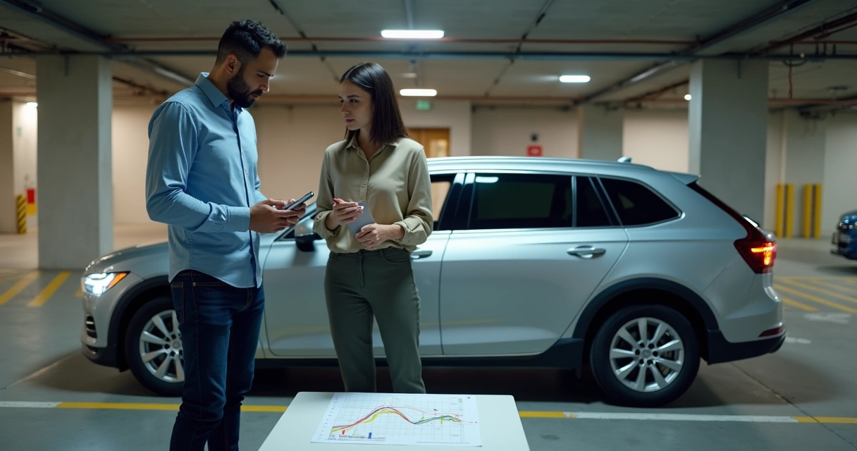 Casal analisando financiamento de carro em garagem de prédio 